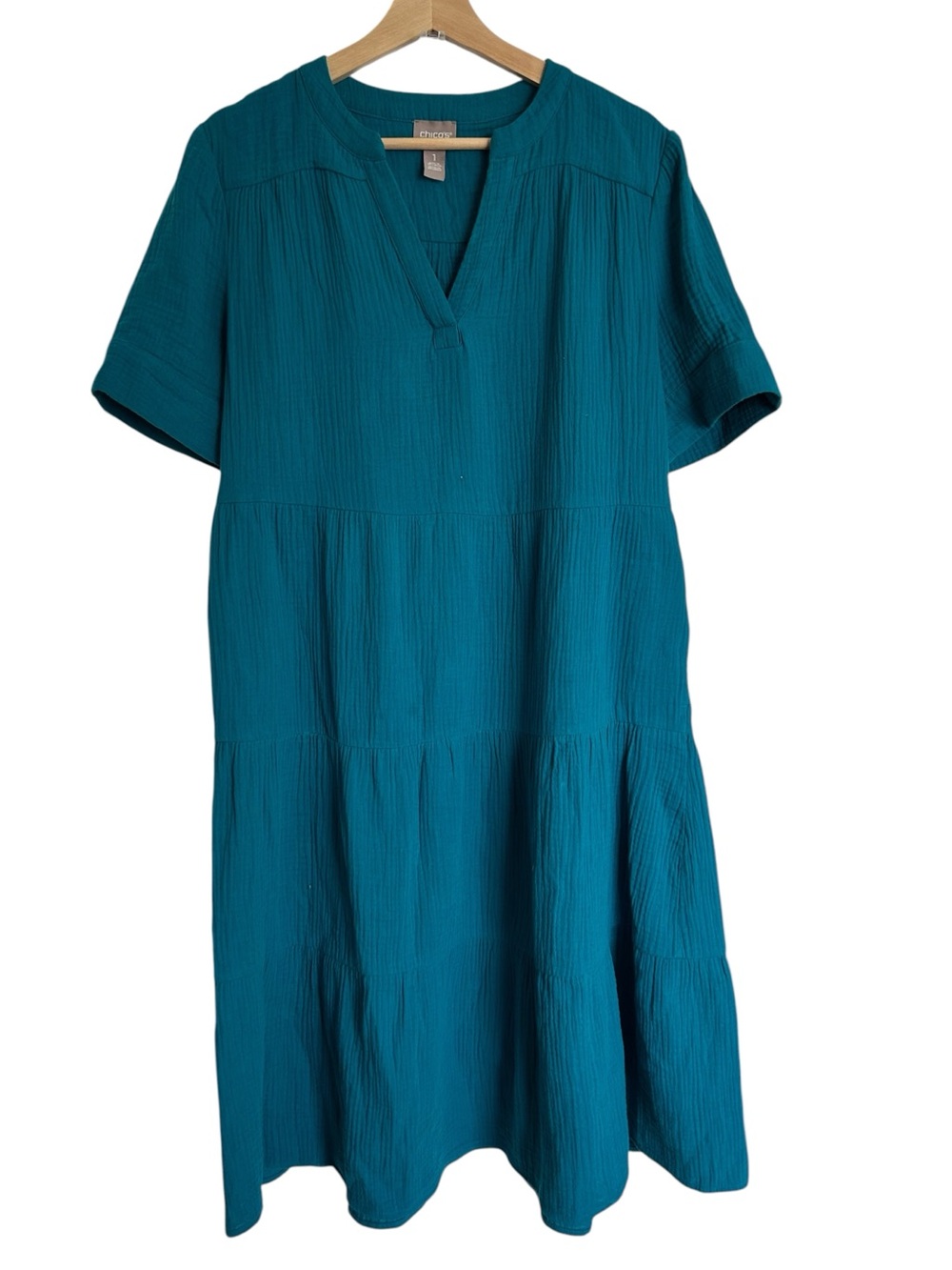 Chico's crinkle cotton gauze tiered midi dress teal - Size 1 / US 8